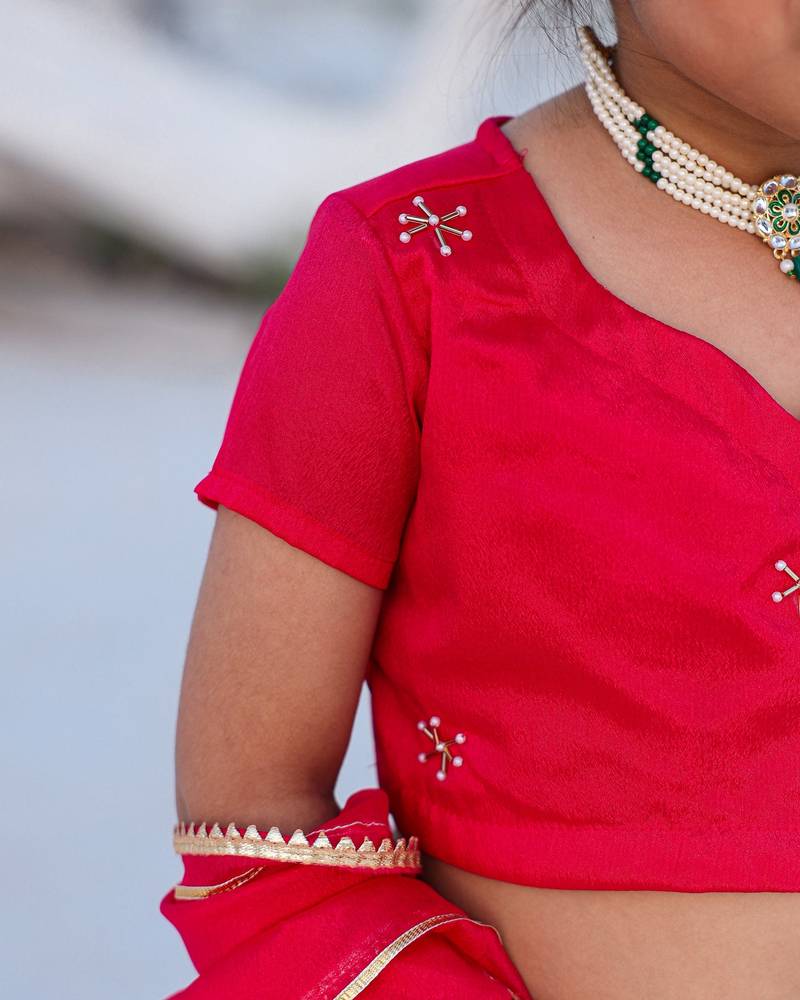 Kids Pink Rosy Lehenga Choli - Silk with Handwork