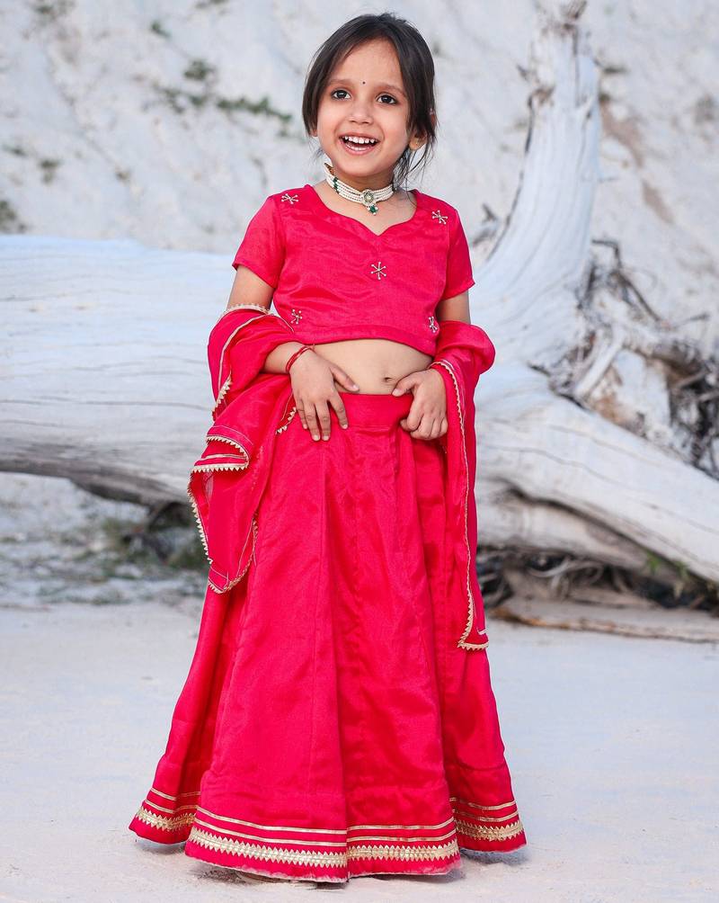 Kids Pink Rosy Lehenga Choli - Silk with Handwork