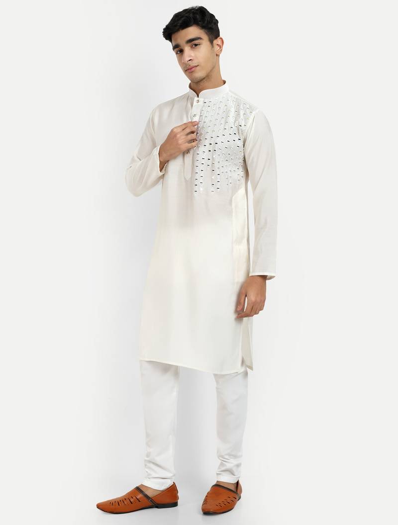 White pure rayon wedding special premium designer kurta pyjama