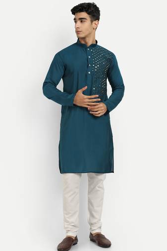 Petrol blue pure rayon wedding special premium designer kurta pyjama