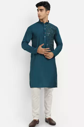 Petrol blue pure rayon wedding special premium designer kurta pyjama