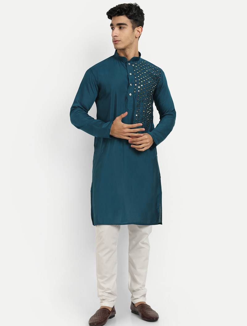 Petrol blue pure rayon wedding special premium designer kurta pyjama