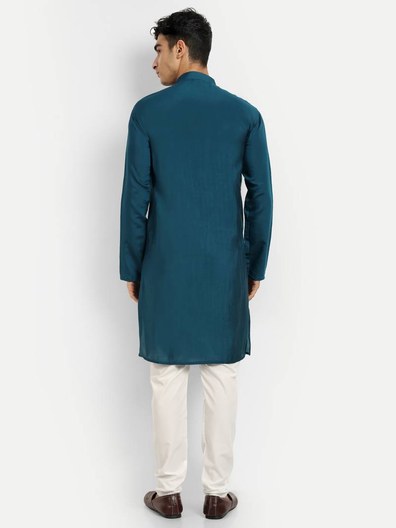 Petrol blue pure rayon wedding special premium designer kurta pyjama