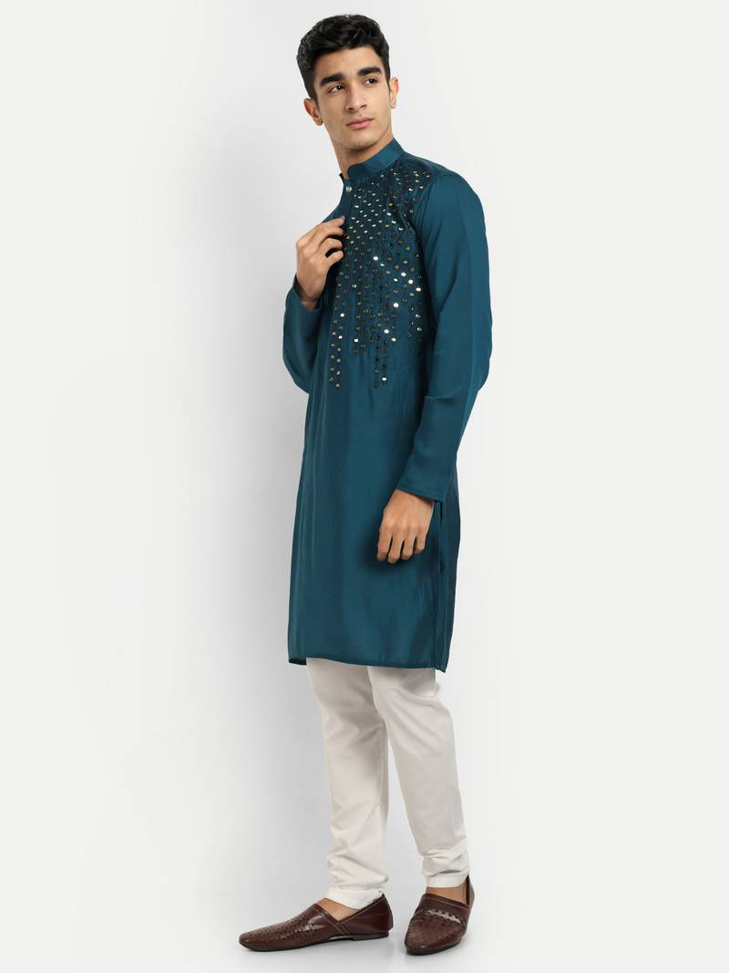 Petrol blue pure rayon wedding special premium designer kurta pyjama