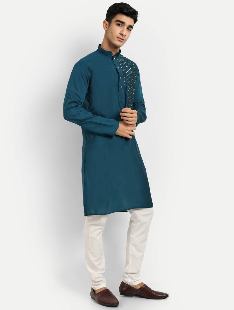 Petrol blue pure rayon wedding special premium designer kurta pyjama