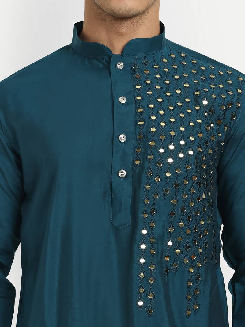 Petrol blue pure rayon wedding special premium designer kurta pyjama