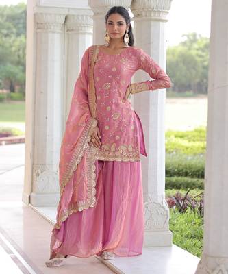 Pink fendi silk sequins embroidered kurta with sharara and heavy dupatta 1