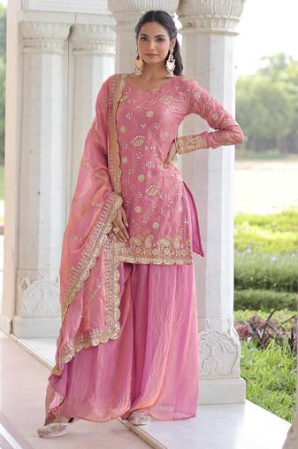 Pink fendi silk sequins embroidered kurta with sharara and heavy dupatta