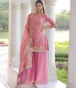 Pink fendi silk sequins embroidered kurta with sharara and heavy dupatta