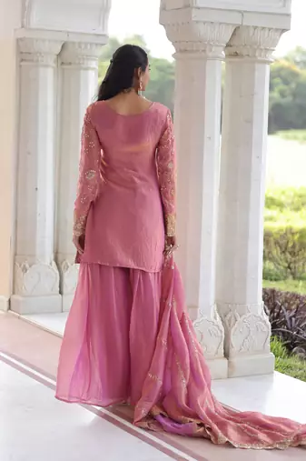 Pink fendi silk sequins embroidered kurta with sharara and heavy dupatta