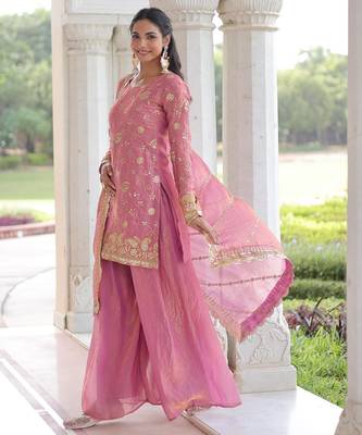 Pink fendi silk sequins embroidered kurta with sharara and heavy dupatta 4