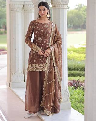 Coffee fendi silk sequins embroidered kurta with sharara and heavy dupatta 1