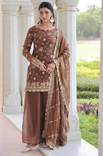 Coffee fendi silk sequins embroidered kurta with sharara and heavy dupatta