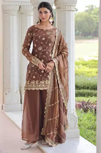 Coffee fendi silk sequins embroidered kurta with sharara and heavy dupatta