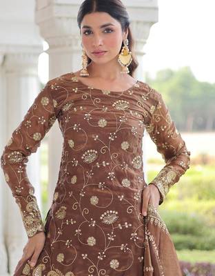Coffee fendi silk sequins embroidered kurta with sharara and heavy dupatta 3