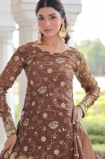 Coffee fendi silk sequins embroidered kurta with sharara and heavy dupatta
