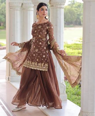 Coffee fendi silk sequins embroidered kurta with sharara and heavy dupatta 4