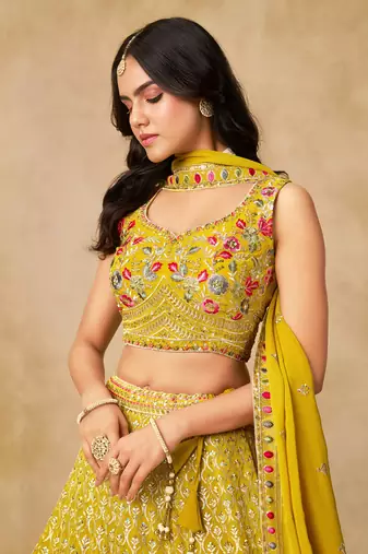YELLOW SEQUINS & THREAD EMBROIDERED GEORGETTE LEHENGA CHOLI