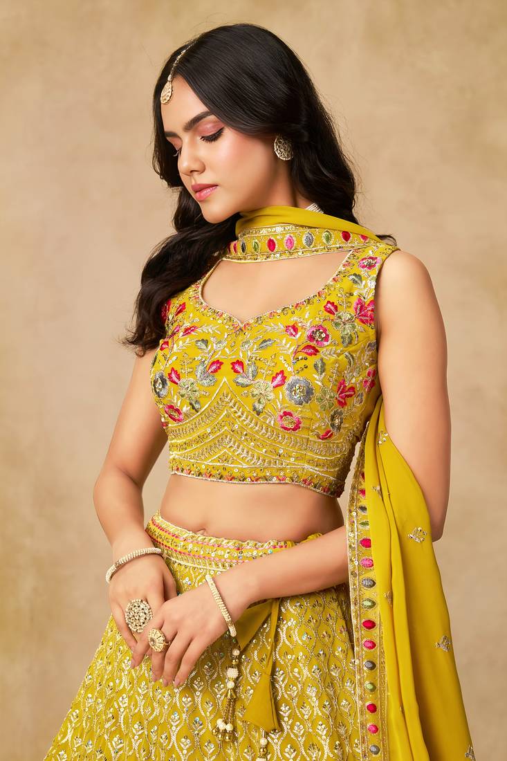 YELLOW SEQUINS & THREAD EMBROIDERED GEORGETTE LEHENGA CHOLI