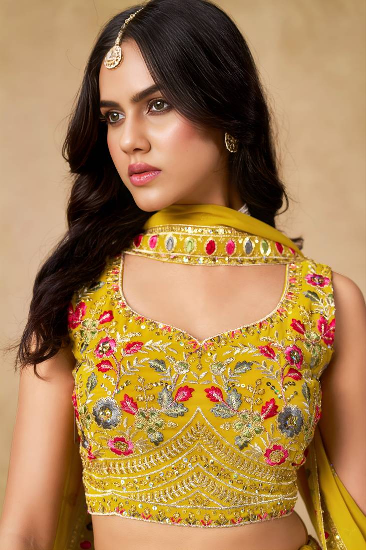 YELLOW SEQUINS & THREAD EMBROIDERED GEORGETTE LEHENGA CHOLI