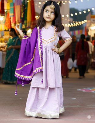 Lavender Cotton Kids Sharara Set with Purple Dupatta - Lace & Gotta Work  1