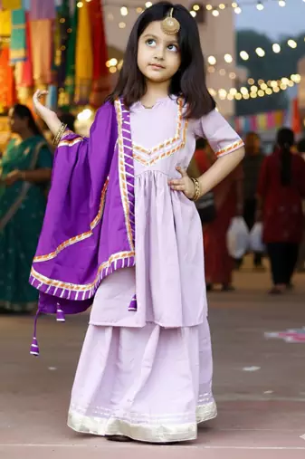 Lavender Cotton Kids Sharara Set with Purple Dupatta - Lace & Gotta Work 