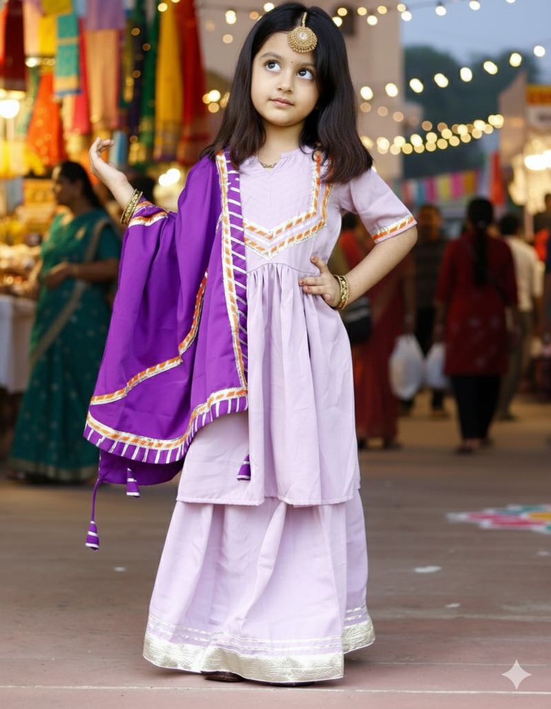 Lavender Cotton Kids Sharara Set with Purple Dupatta - Lace & Gotta Work 