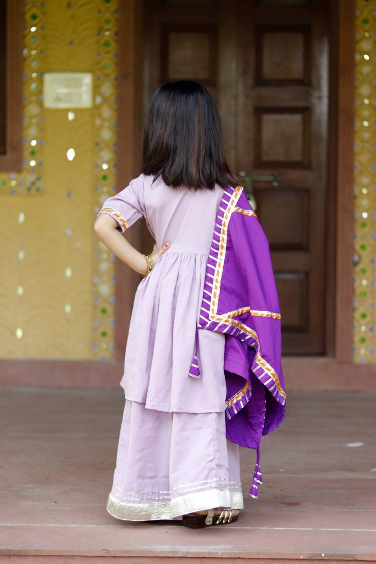 Lavender Cotton Kids Sharara Set with Purple Dupatta - Lace & Gotta Work 
