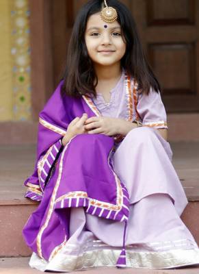 Lavender Cotton Kids Sharara Set with Purple Dupatta - Lace & Gotta Work  3