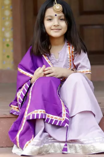 Lavender Cotton Kids Sharara Set with Purple Dupatta - Lace & Gotta Work 