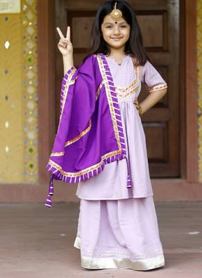 Lavender Cotton Kids Sharara Set with Purple Dupatta - Lace & Gotta Work  4