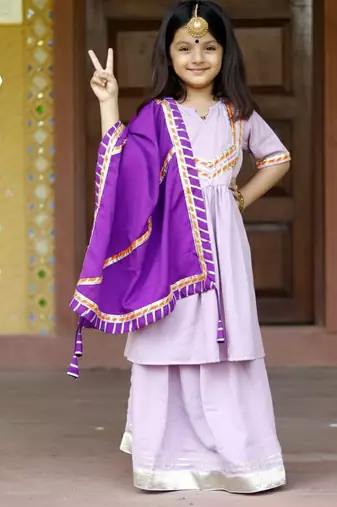 Lavender Cotton Kids Sharara Set with Purple Dupatta - Lace & Gotta Work 