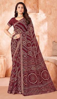 Wine Chiffon Bandhej Printed Sari,Saree With Unstitched Blouse Piece 1
