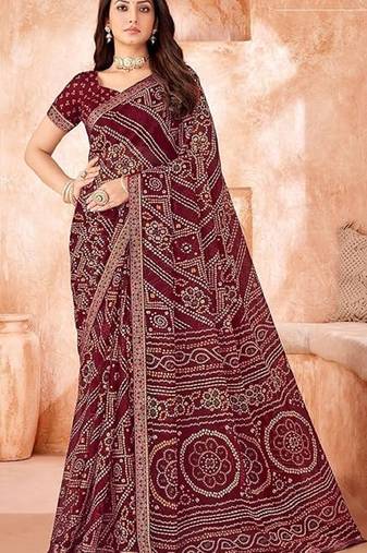 Wine Chiffon Bandhej Printed Sari,Saree With Unstitched Blouse Piece