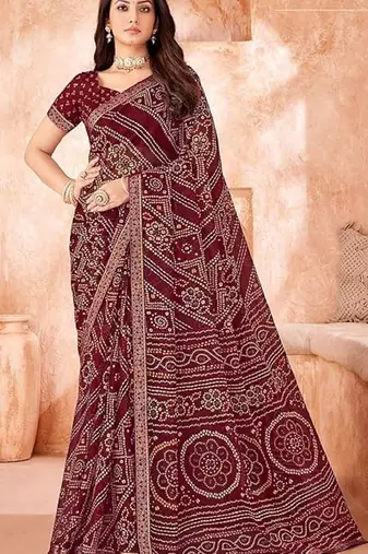 Wine Chiffon Bandhej Printed Sari,Saree With Unstitched Blouse Piece