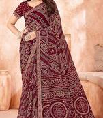 Wine Chiffon Bandhej Printed Sari,Saree With Unstitched Blouse Piece