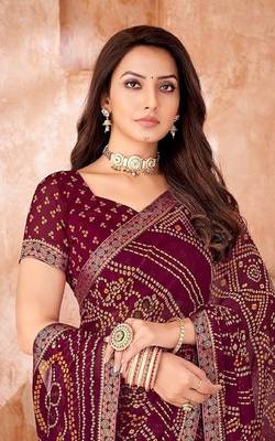 Wine Chiffon Bandhej Printed Sari,Saree With Unstitched Blouse Piece 2