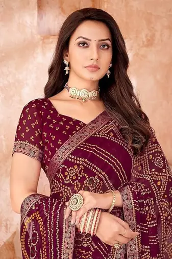 Wine Chiffon Bandhej Printed Sari,Saree With Unstitched Blouse Piece