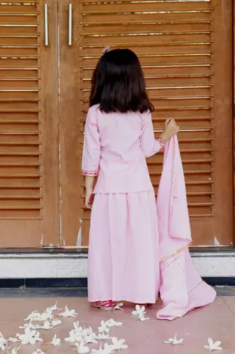 Pink Cotton Kids Skirt Top with Dupatta