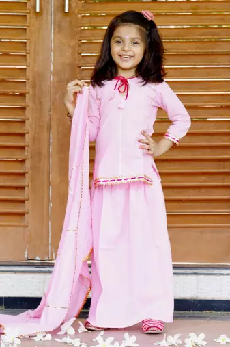 Pink Cotton Kids Skirt Top with Dupatta