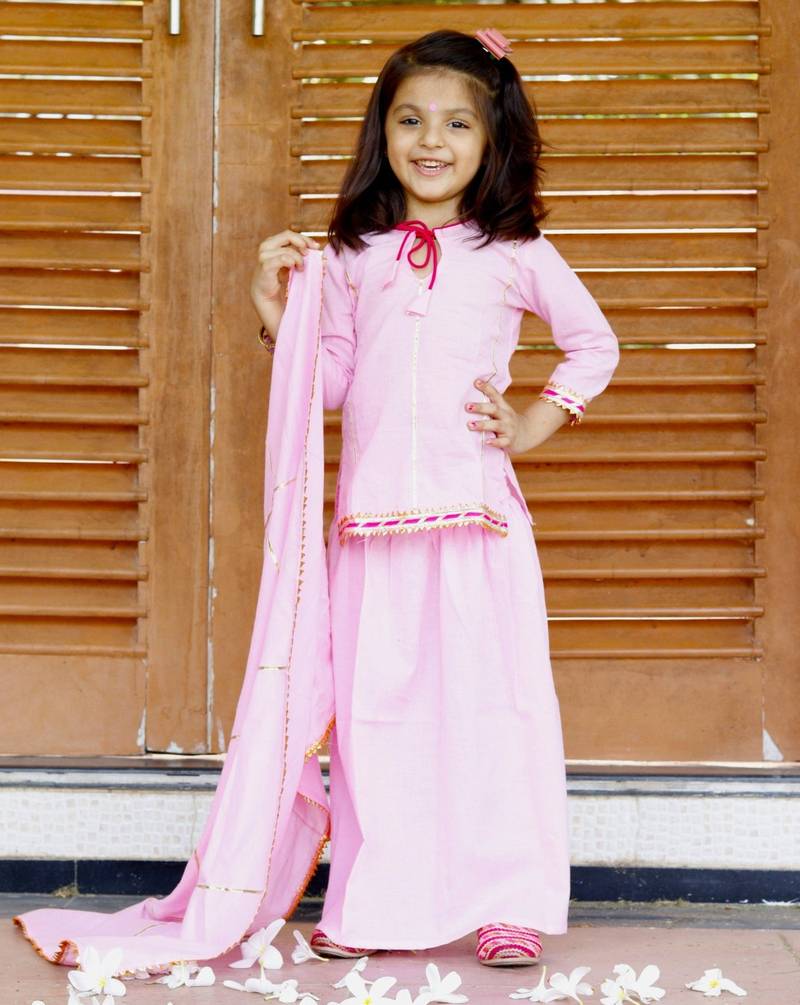 Pink Cotton Kids Skirt Top with Dupatta
