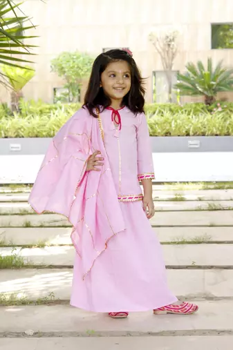 Pink Cotton Kids Skirt Top with Dupatta