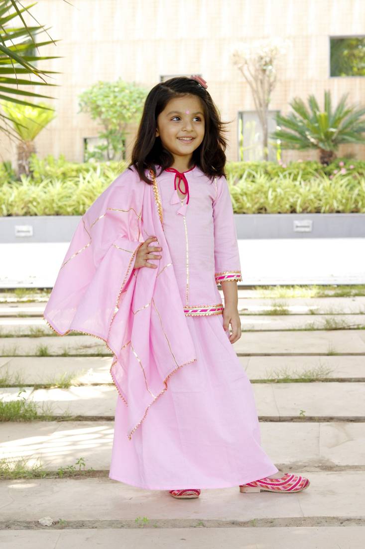 Pink Cotton Kids Skirt Top with Dupatta