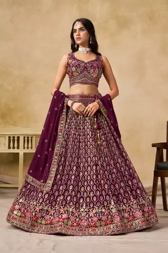 PURPLE SEQUINS & THREAD EMBROIDERED GEORGETTE LEHENGA CHOLI