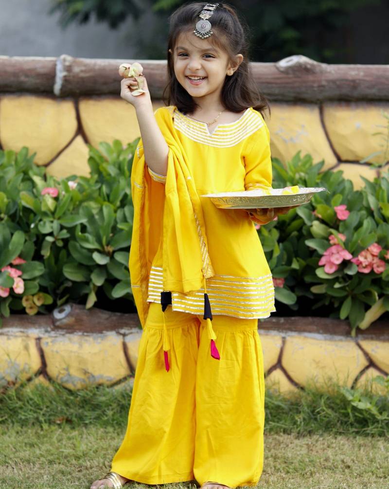 Yellow Cotton Kids Skirt Top with Dupatta - Gotta Work