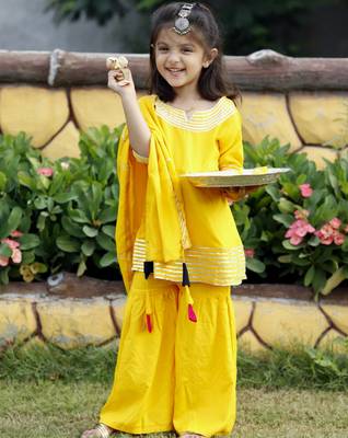 Yellow Cotton Kids Skirt Top with Dupatta - Gotta Work 1