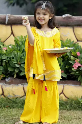 Yellow Cotton Kids Skirt Top with Dupatta - Gotta Work