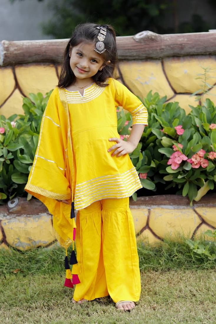 Yellow Cotton Kids Skirt Top with Dupatta - Gotta Work