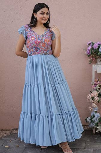Grey Faux Georgette Printed Gown     Daily & Festive Wear