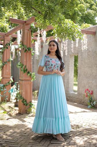 Sky Blue Faux Georgette Sequins & Embroidered Gown     Party Wear